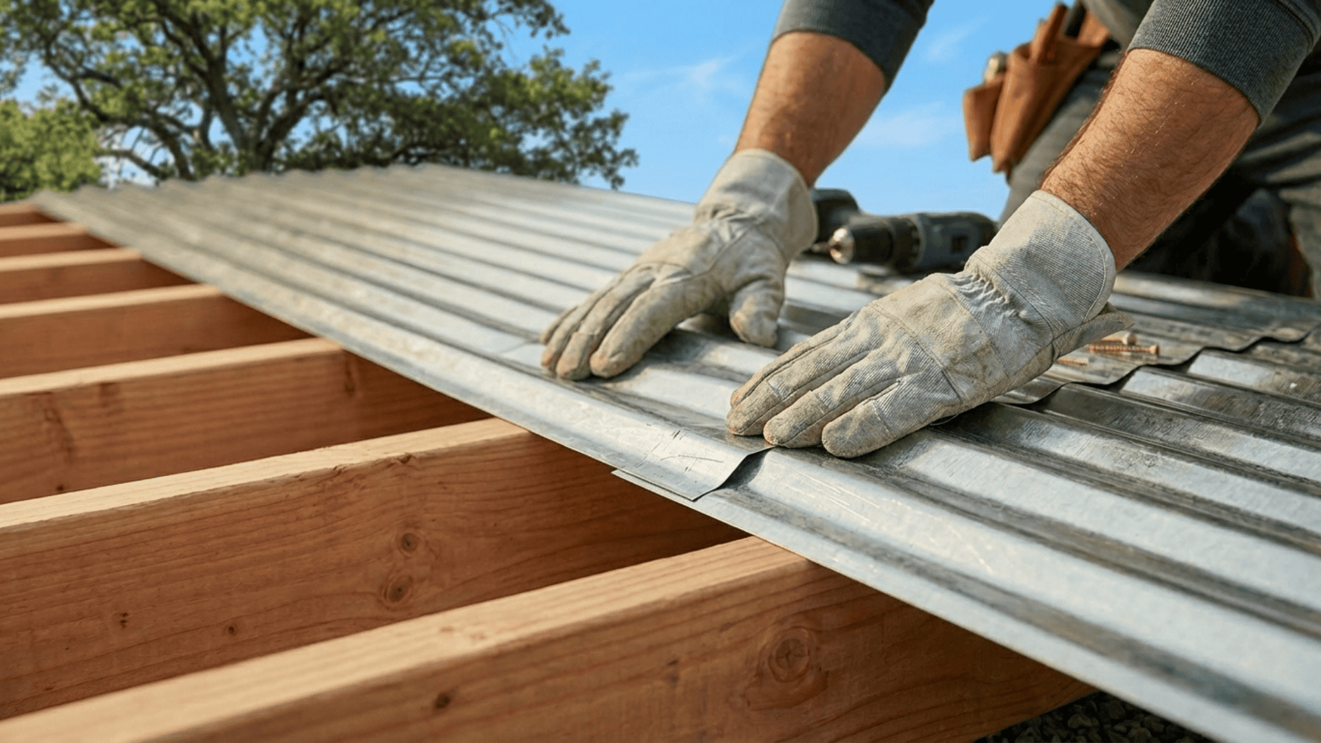 gloved hands placing metal roofing sheet on wooden shed frame while securing panels outdoors