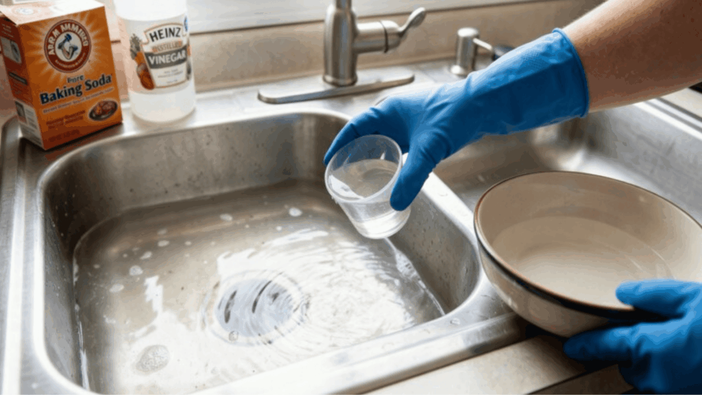 gloved hands pour vinegar into a kitchen sink with standing water, using baking soda and vinegar for a natural drain cleaning method
