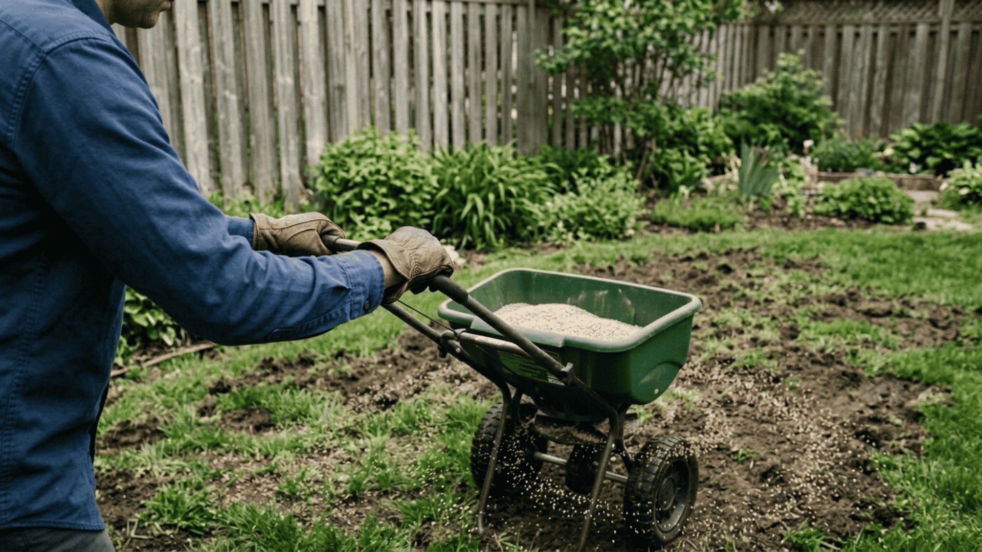 gloved hands pushing a lawn spreader over slightly loosened soil with uneven grass for even seed distribution in backyard lawn