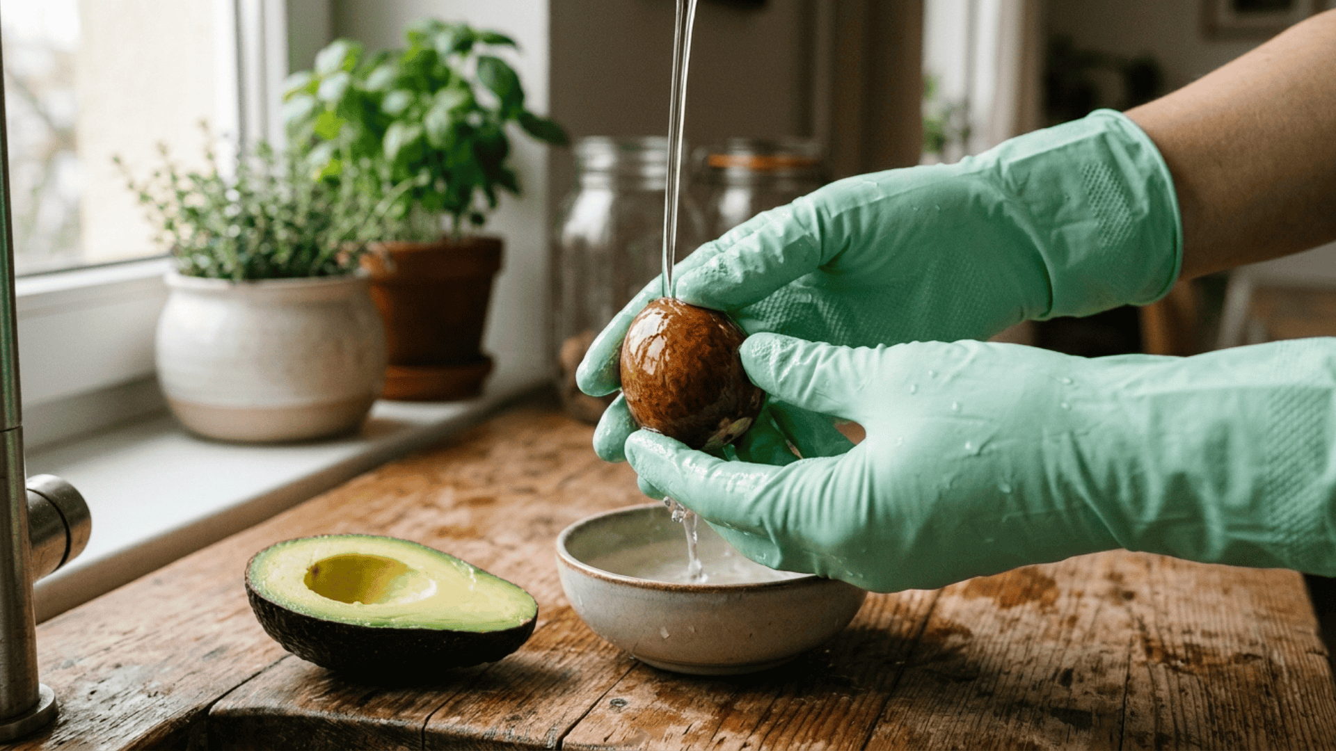 gloved hands rinsing an avocado seed under running water with a halved avocado placed on a wooden counter nearby