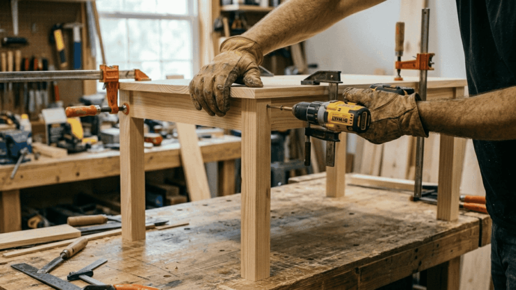 gloved hands securing a wooden tabletop to the table frame with clamps holding it in place while a screw is driven through the apron