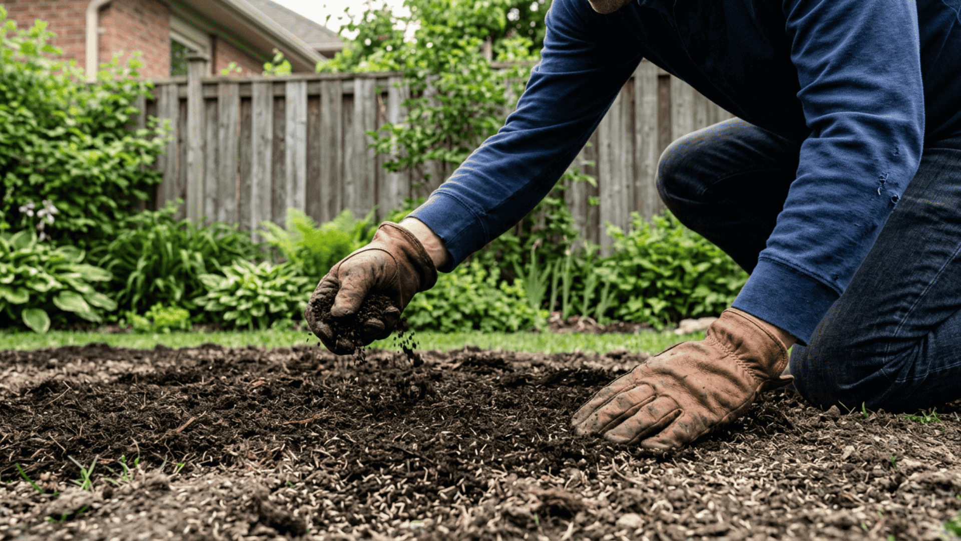 gloved hands spreading compost over grass seed to protect it and retain moisture on a backyard lawn surface