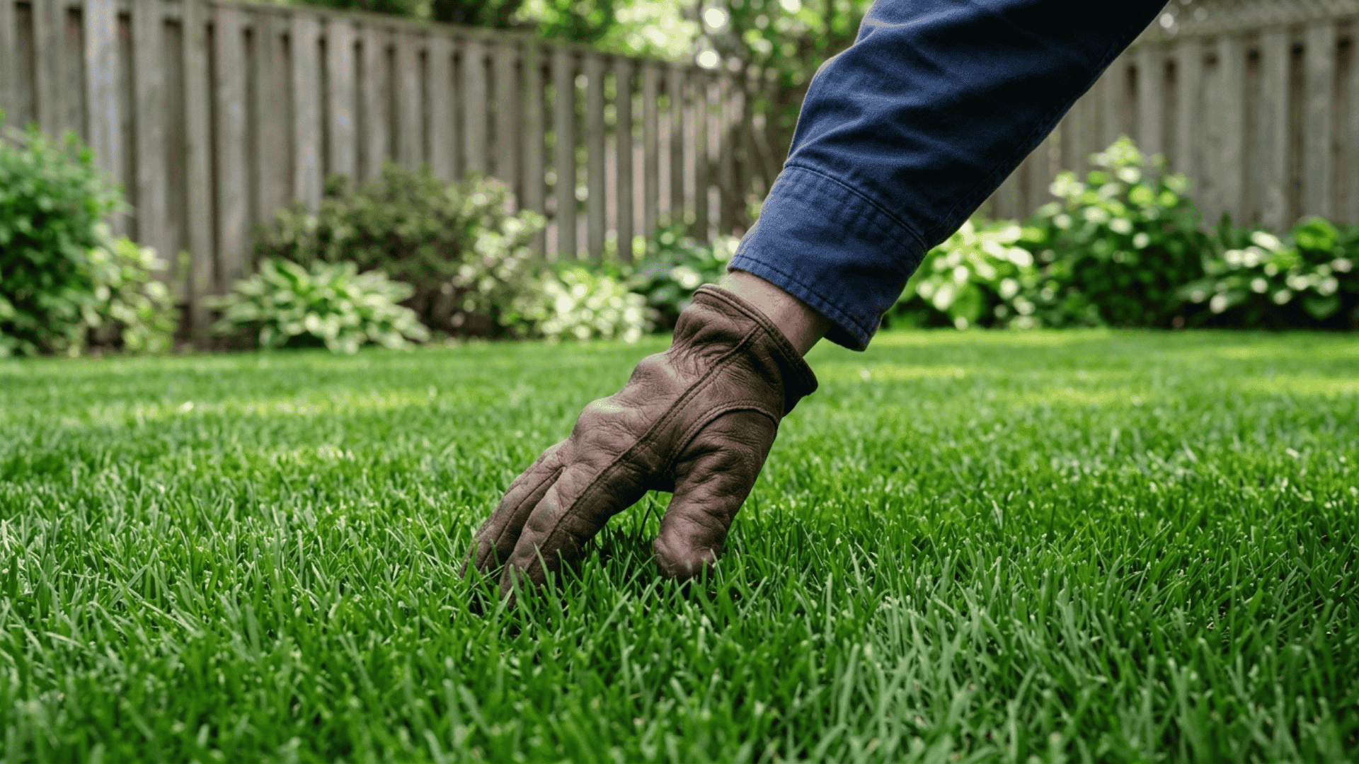 gloved hands touching dense green lawn with even growth showing successful reseeding results in backyard