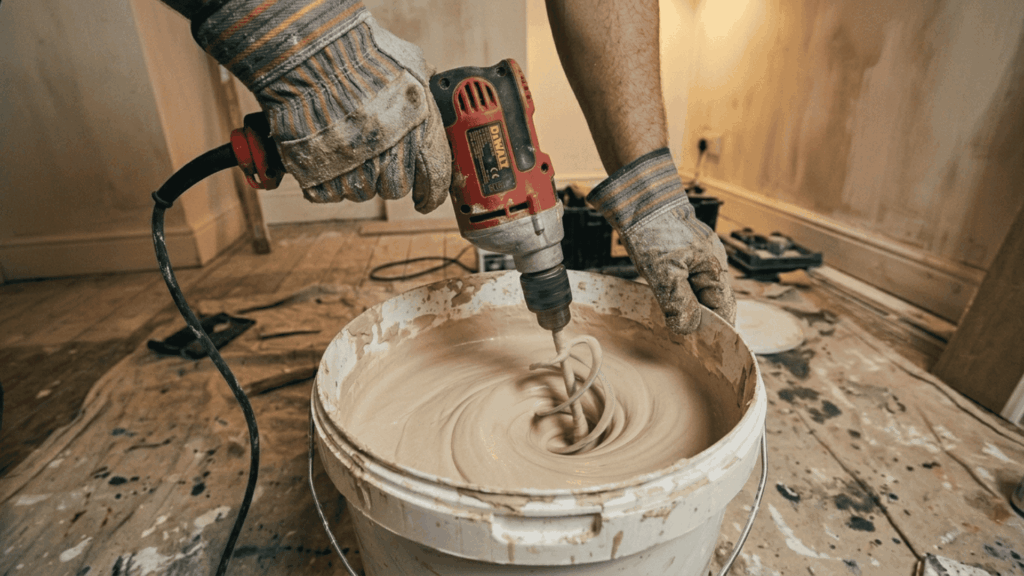 gloved hands using a drill and paddle attachment to mix fresh plaster in a bucket on a dust covered floor