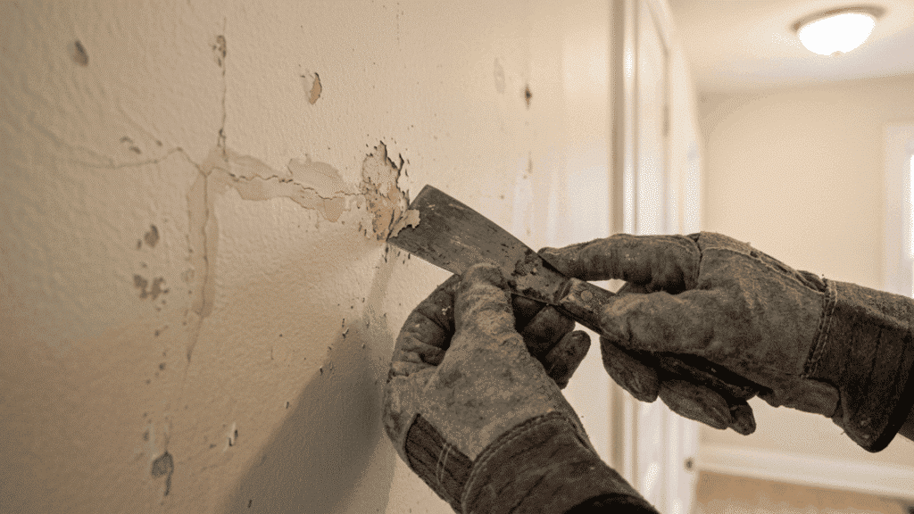 gloved hands using a metal scraper on an indoor wall with minor cracks and flaking paint during surface preparation