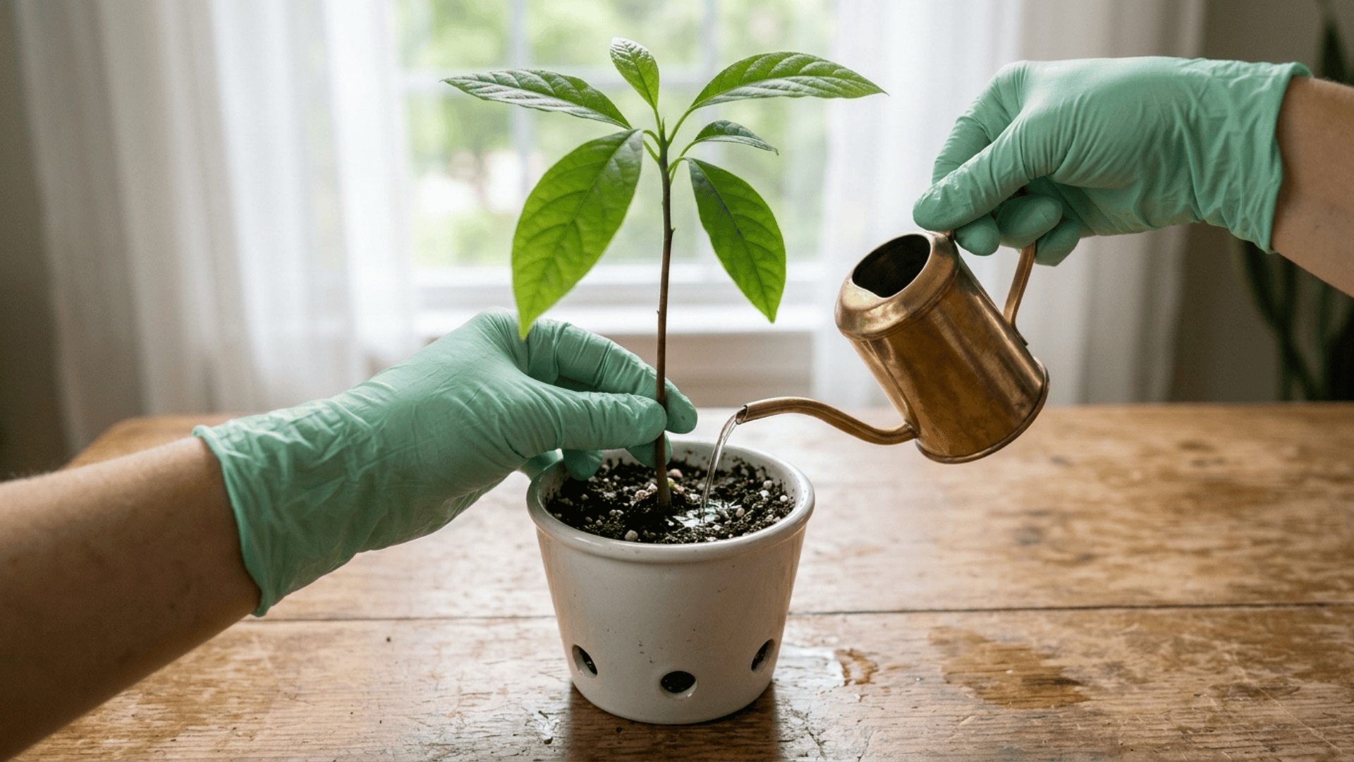 gloved hands watering a small avocado plant in a white pot using a small brass watering can near a window