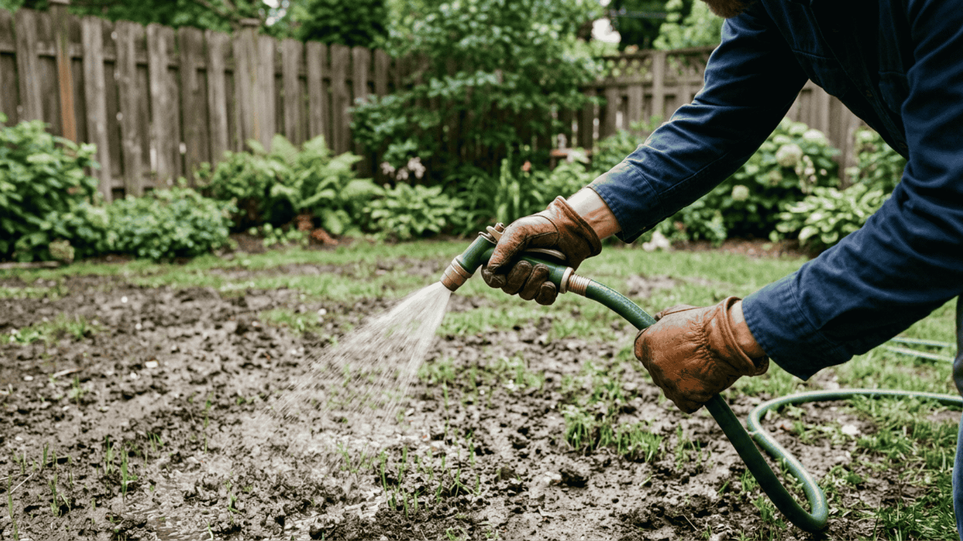 gloved hands watering slightly patchy seeded lawn with visible soil to maintain moisture during germination
