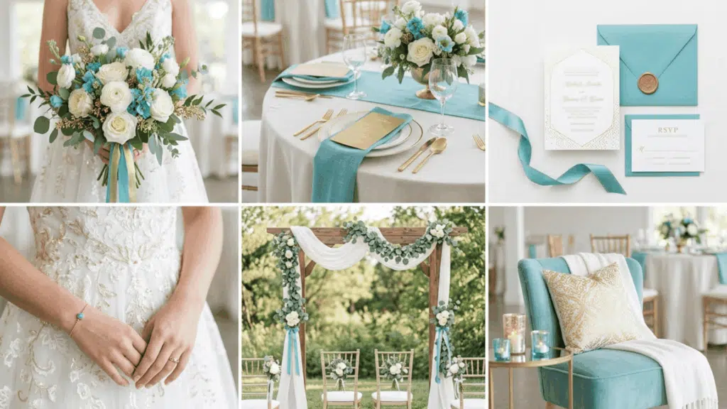 gold turquoise and white wedding color scheme collage with bright decor florals table setup and clean styling