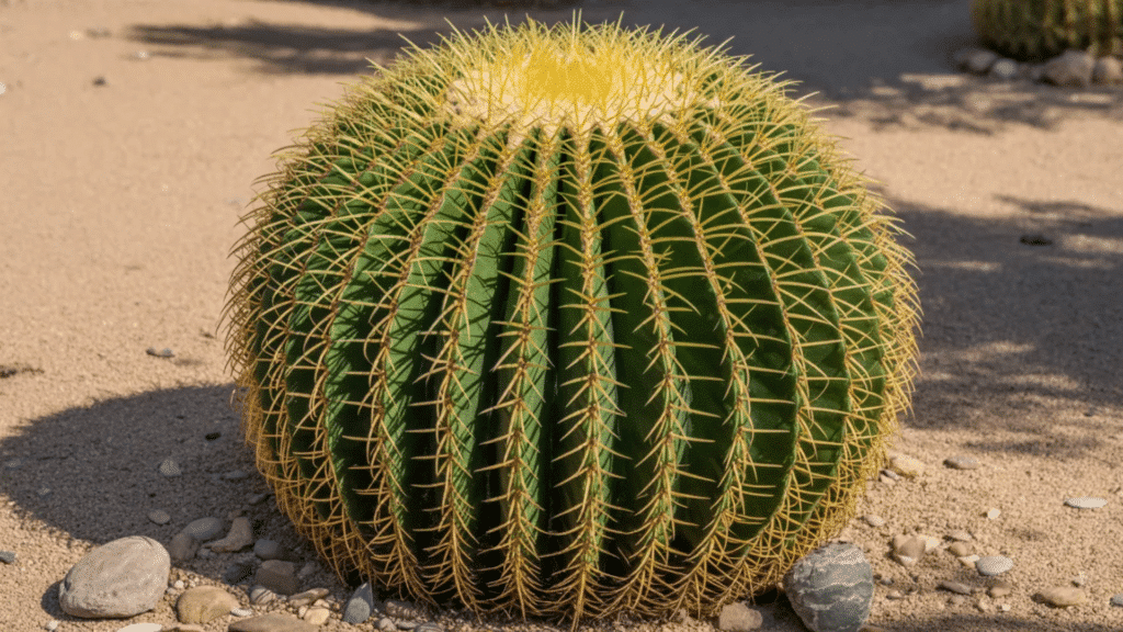 golden barrel cactus with round shape and bright yellow spines in sandy desert setting