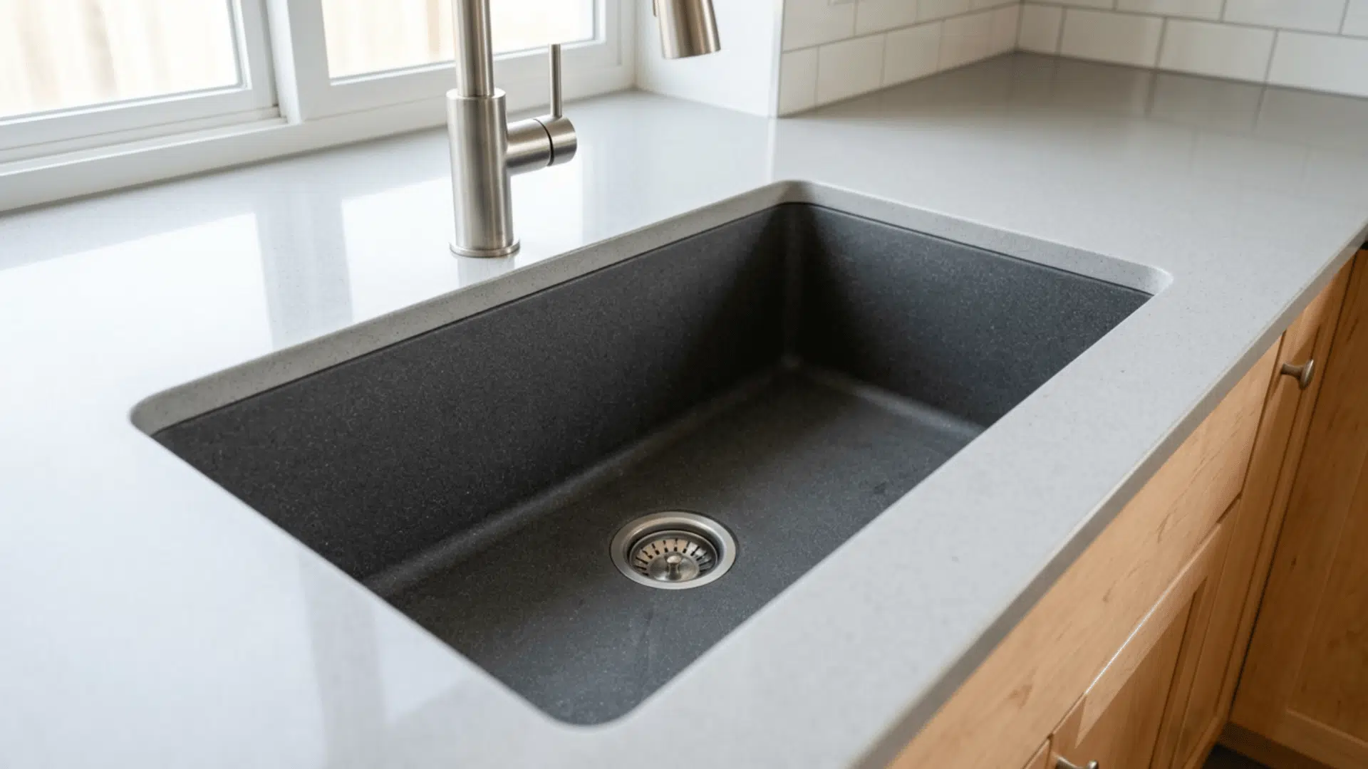 granite composite sink with matte texture and clean empty basin on modern kitchen countertop surface