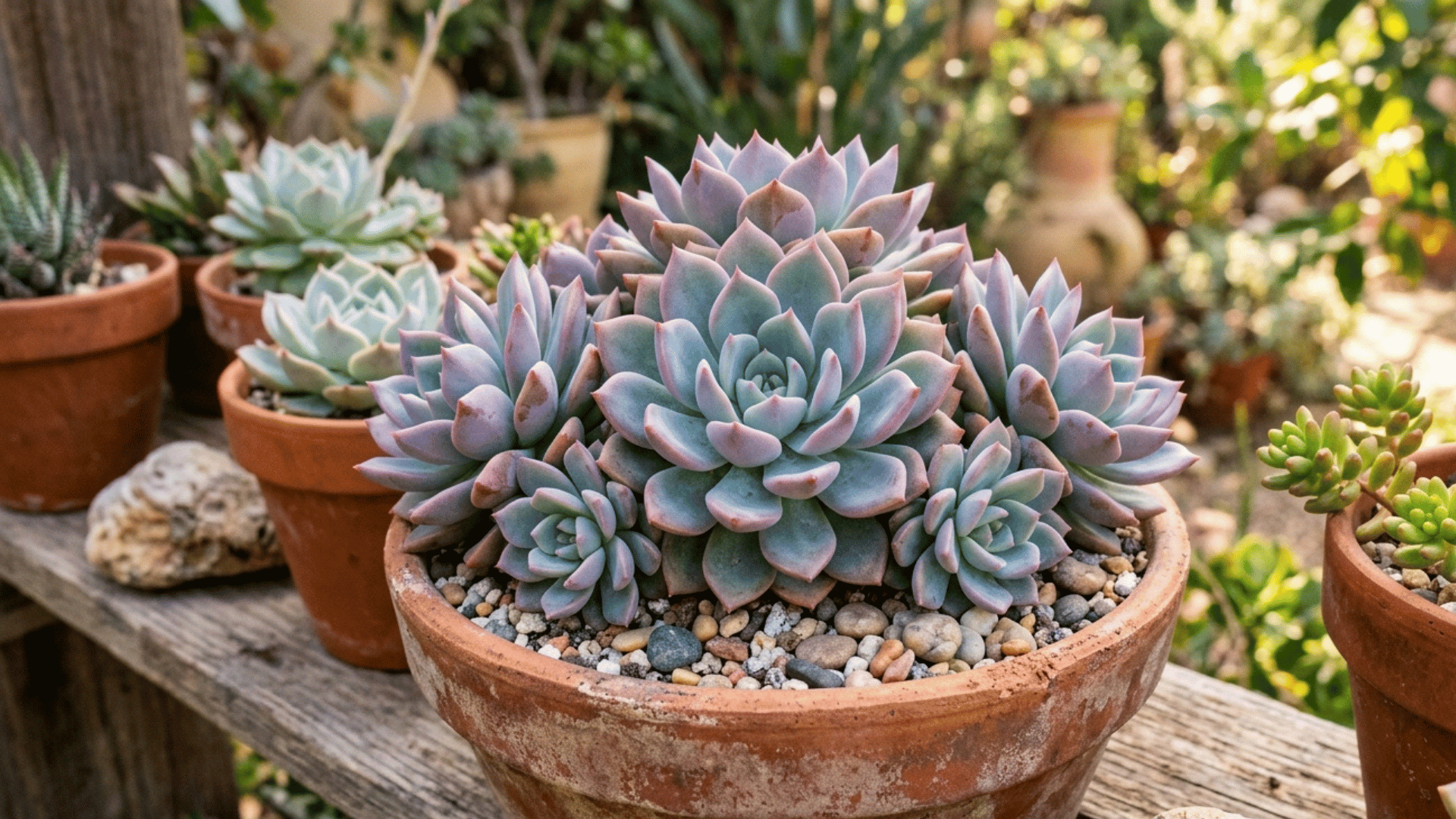 graptoveria succulent with compact rosette shape in a clay pot garden setting.