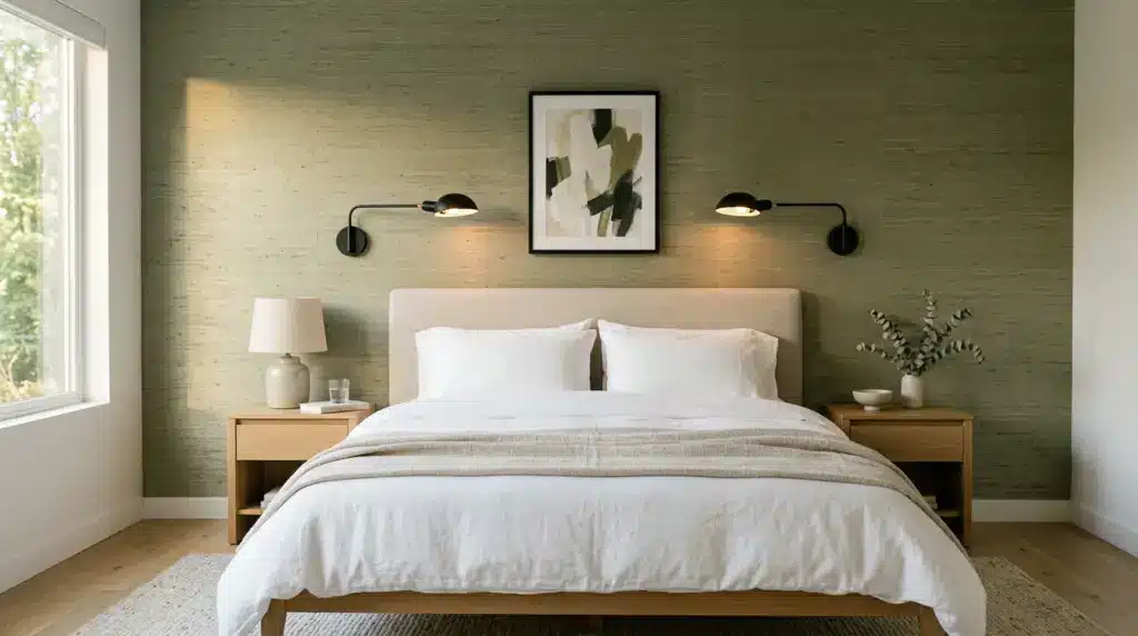 Cozy bedroom with beige bedding, green accent wall, and modern wall sconces