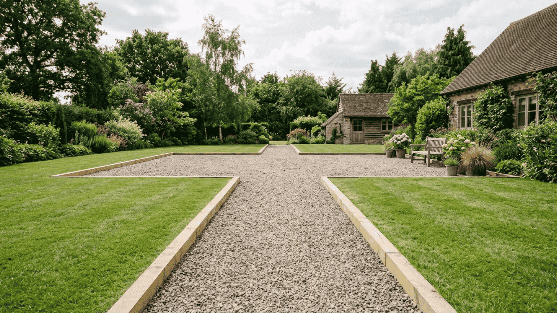 gravel patio connected to yard path with matching crushed gravel and timber edging running along both sides of the path