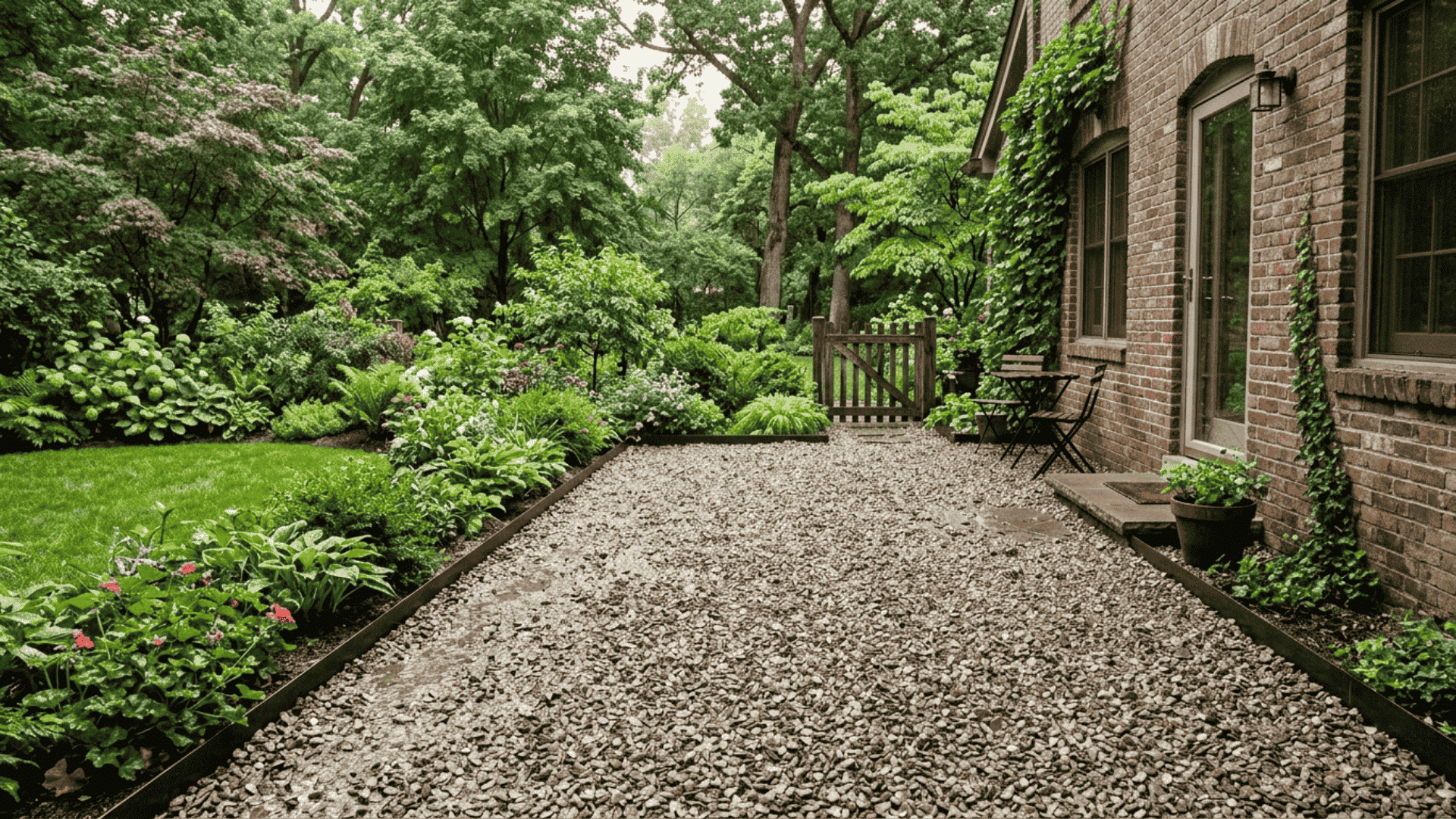 gravel patio designed for drainage with slight slope away from house foundation and crushed angular gravel surface