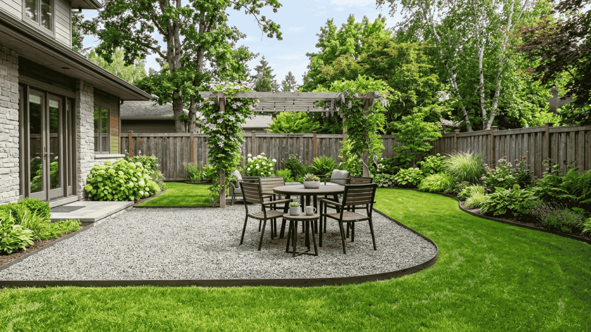 gravel patio ideas with defined metal edging and green lawn in a clean backyard space