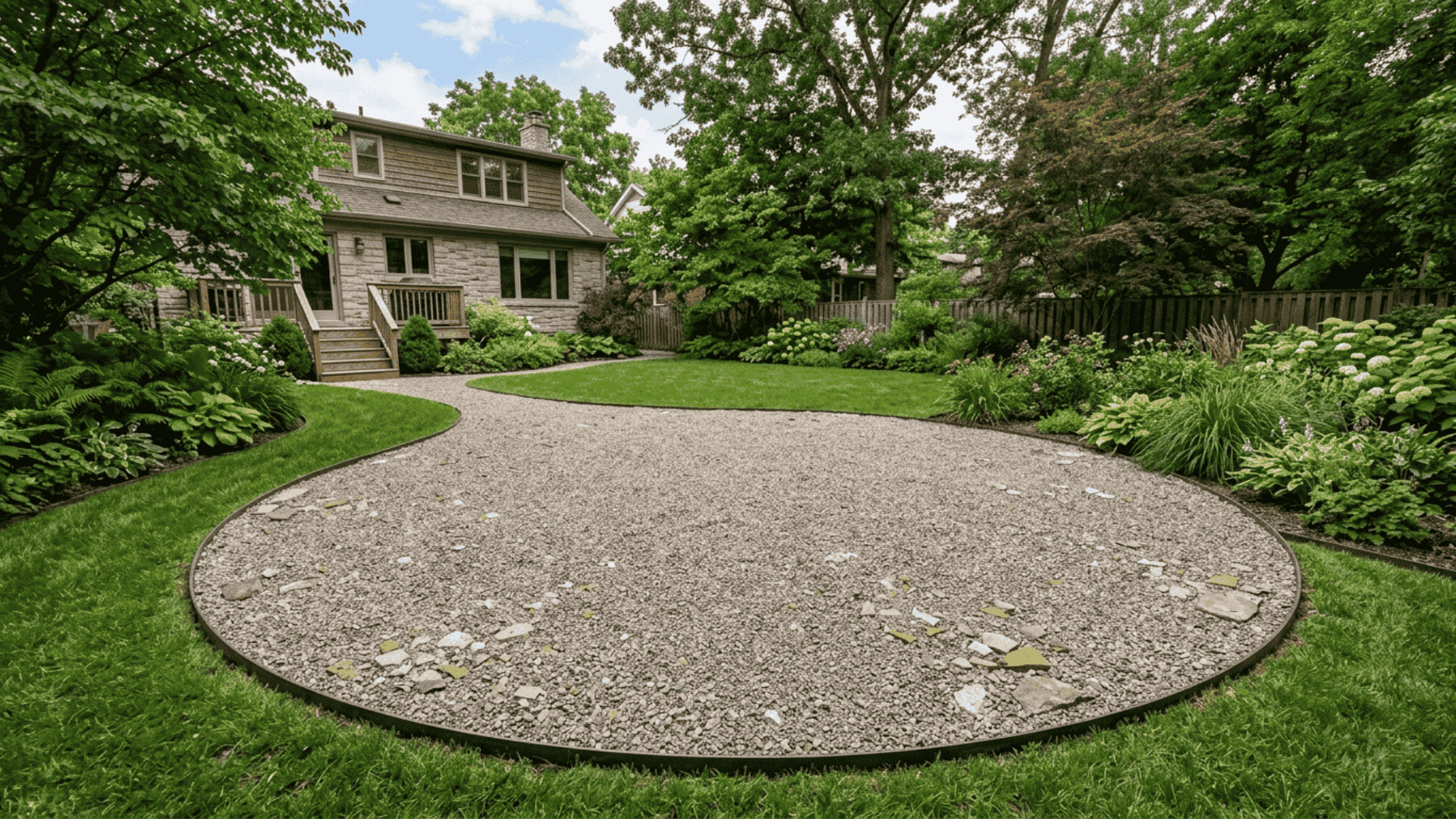 gravel patio using recycled base materials with small pieces of crushed concrete broken bricks and reclaimed stone blending into gravel surface