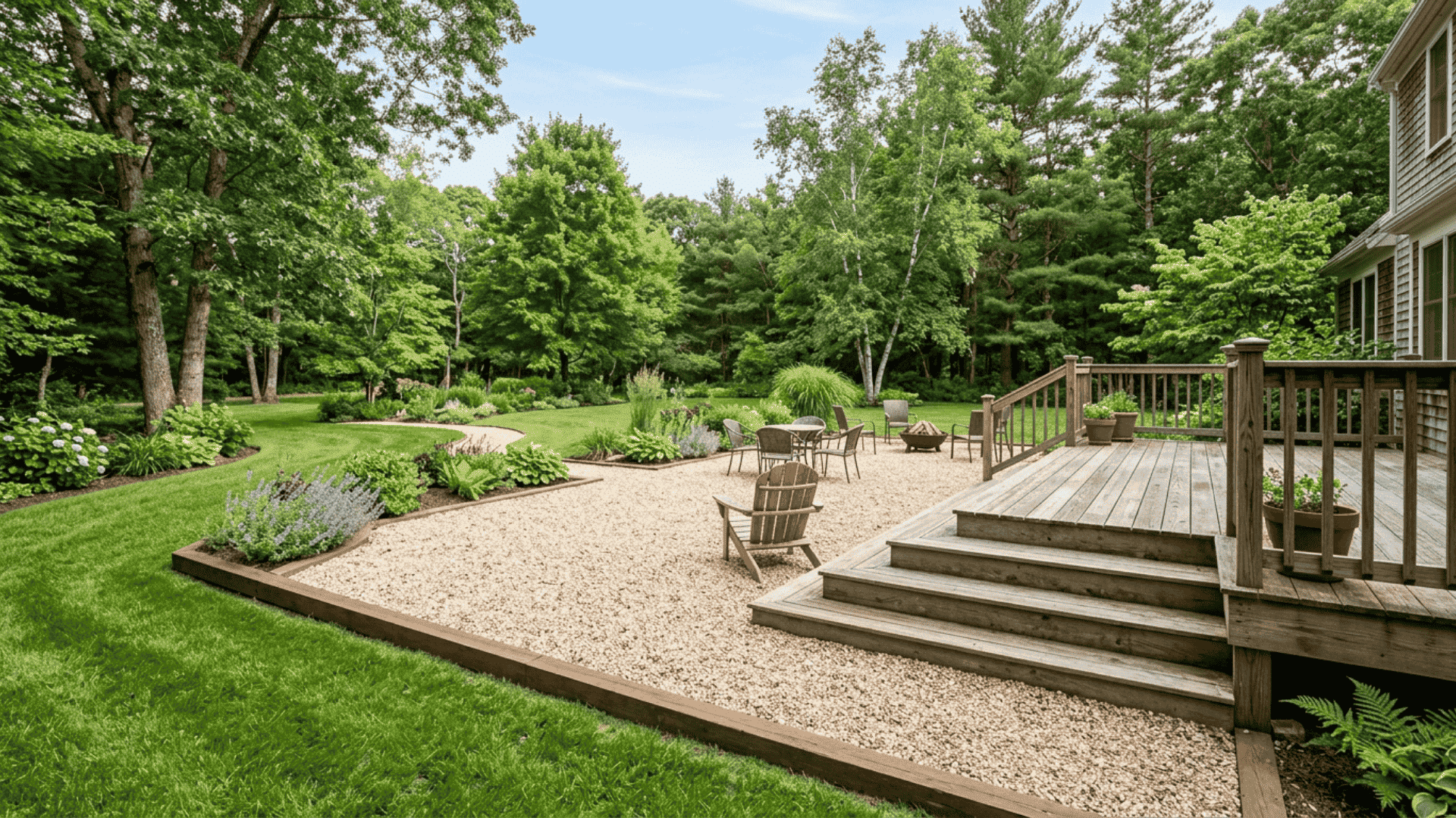 gravel patio with deck extension showing wooden deck connected to crushed gravel base with timber edging