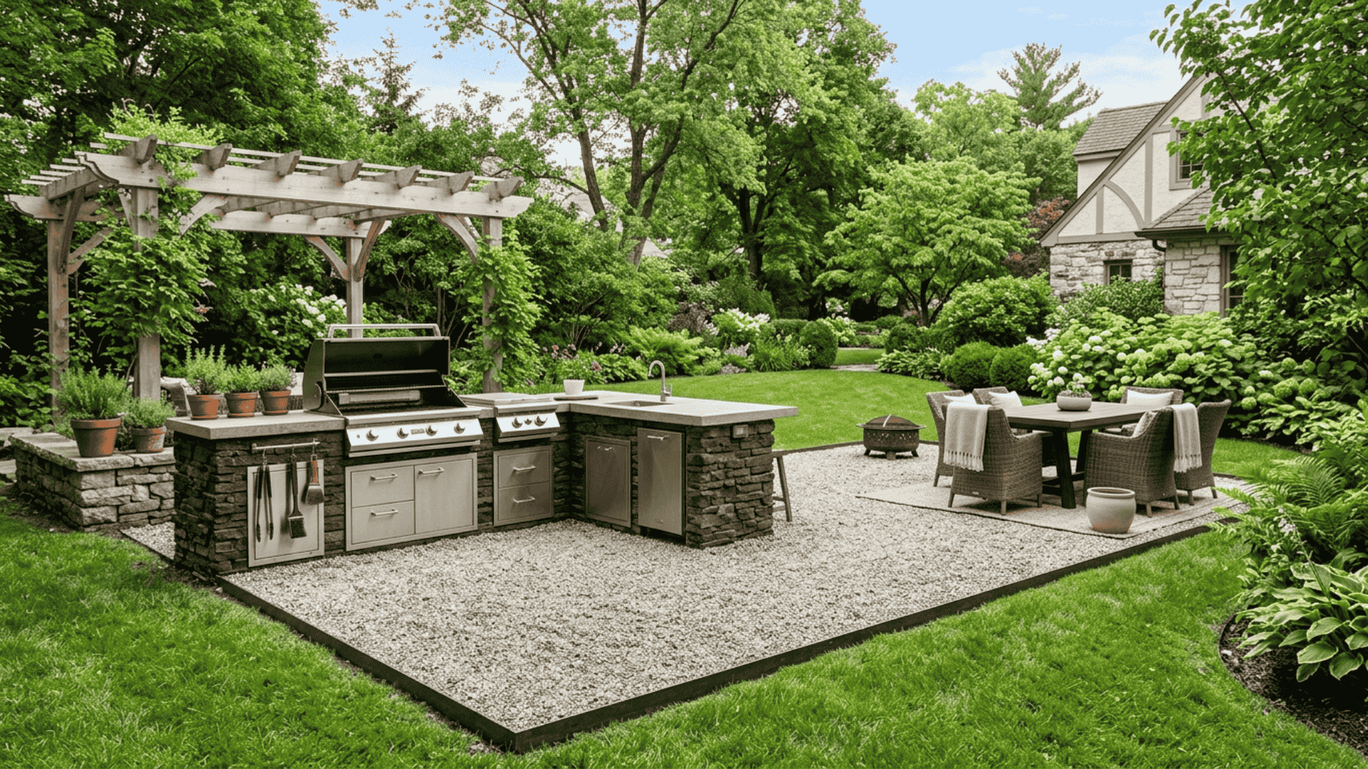 gravel patio with outdoor cooking area showing built in grill station blending into crushed gravel surface with clean metal edging