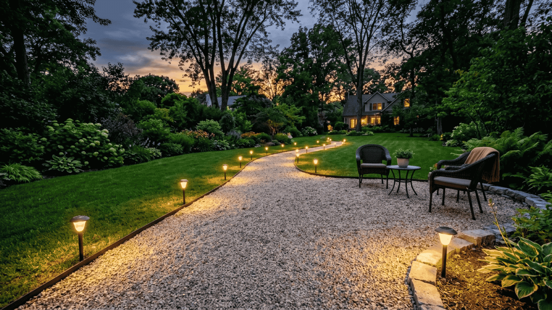 gravel patio with outdoor lighting setup showing solar stake lights along edges with warm glow across crushed gravel surface