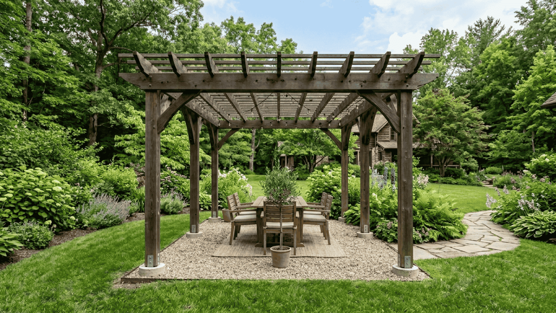 gravel patio with pergola structure showing wooden posts over crushed gravel base surrounded by green lawn