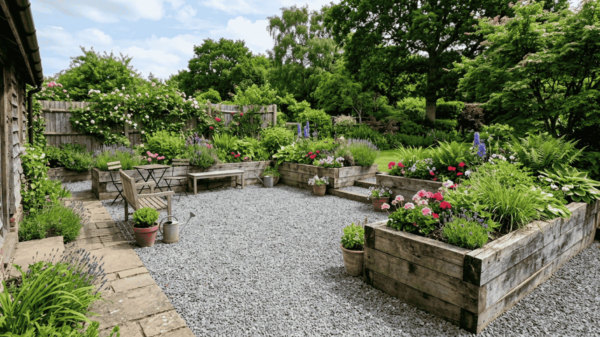 gravel patio with raised planter edges showing wooden planters filled with plants bordering a crushed gravel surface