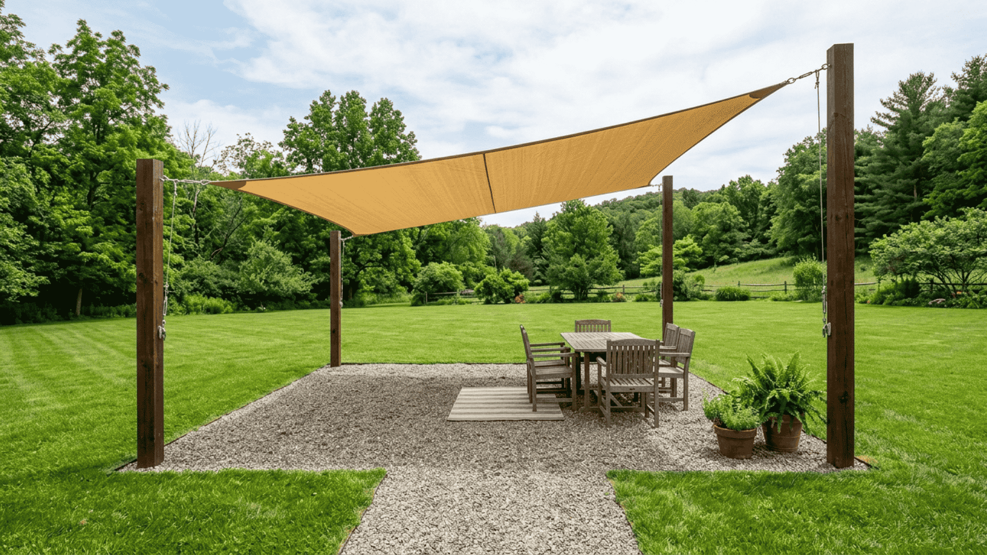 gravel patio with shade cover showing fabric shade sail stretched over crushed gravel surface with corner support posts