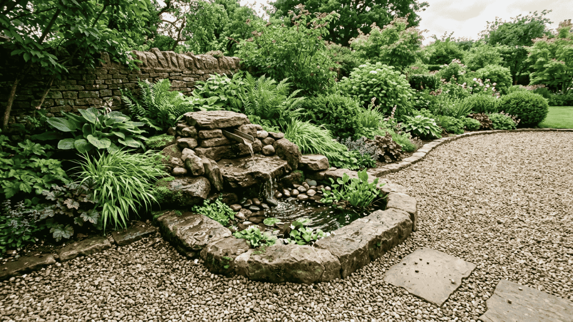 gravel patio with simple water feature showing small stone water feature placed at corner of pea gravel patio