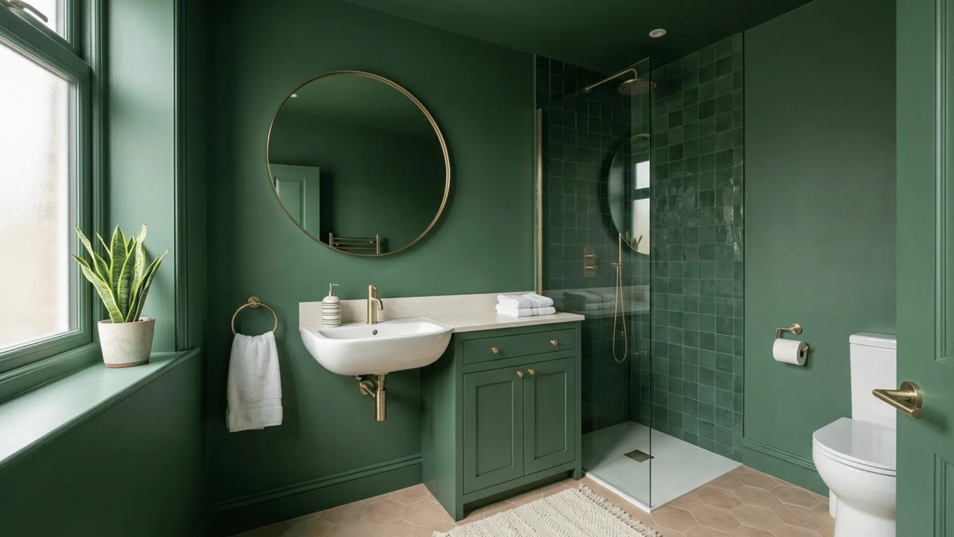 green color drenched bathroom with matching walls, vanity, and tiles.
