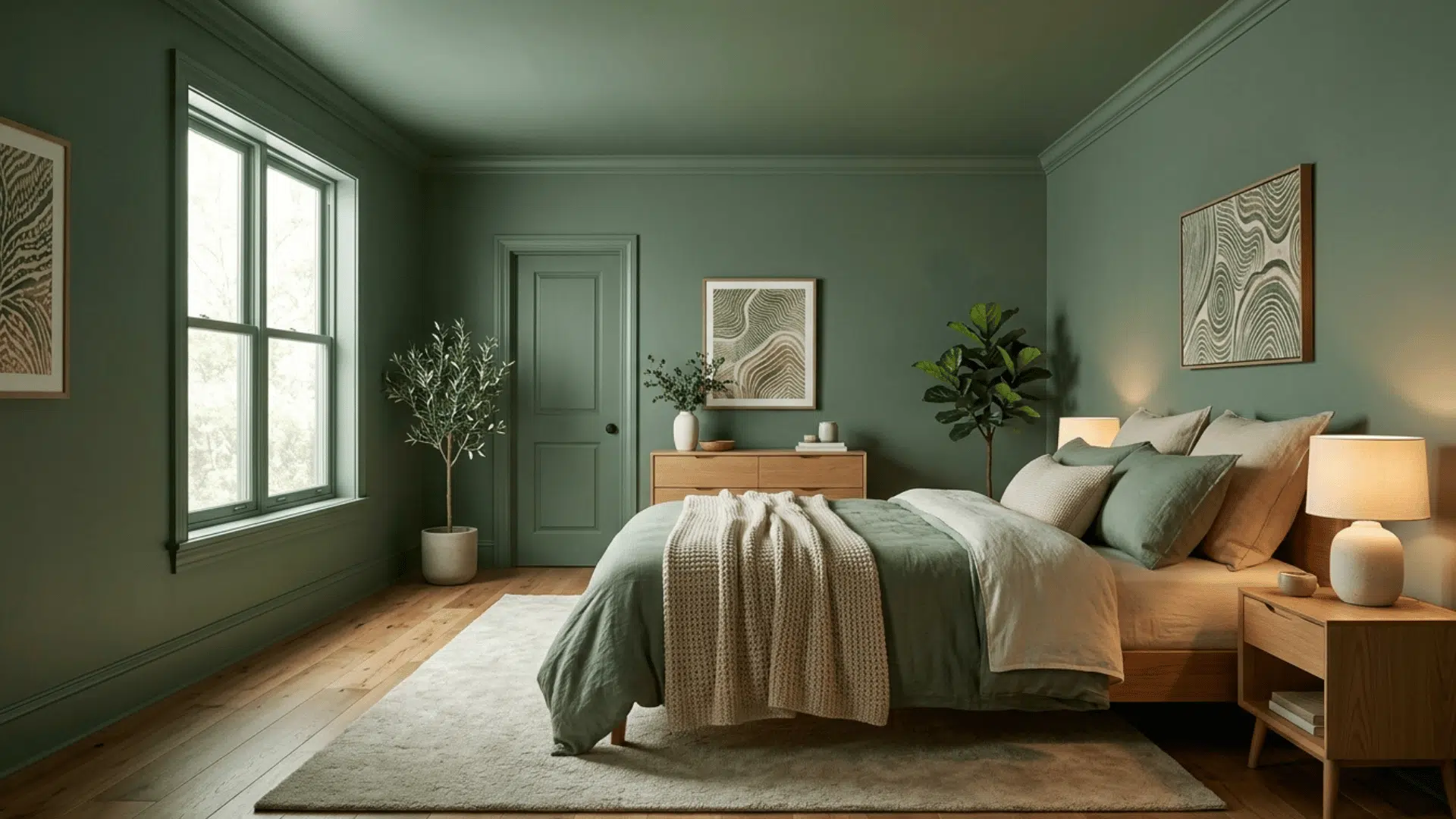 green color drenched bedroom with matching walls, ceiling, bedding, and decor.