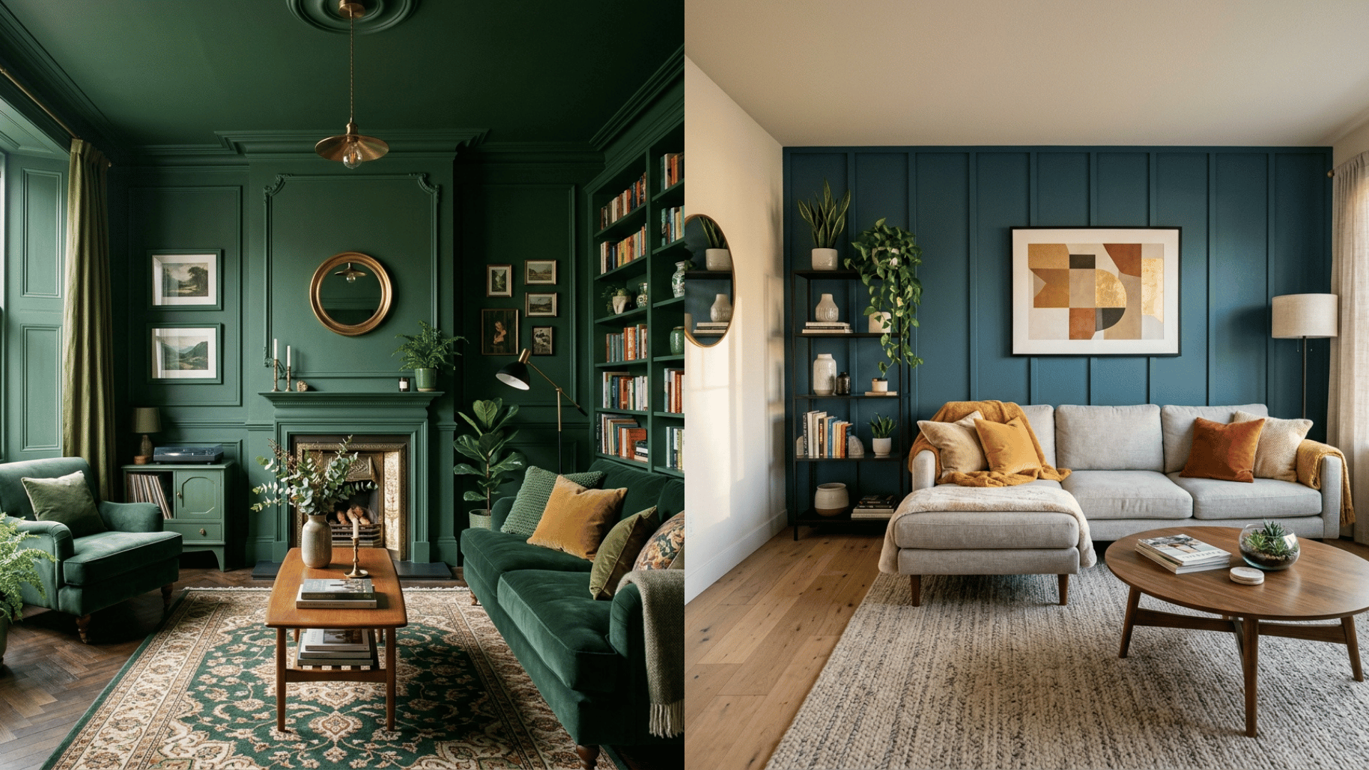 green color drenched living room vs accent wall living room with bold blue feature wall.