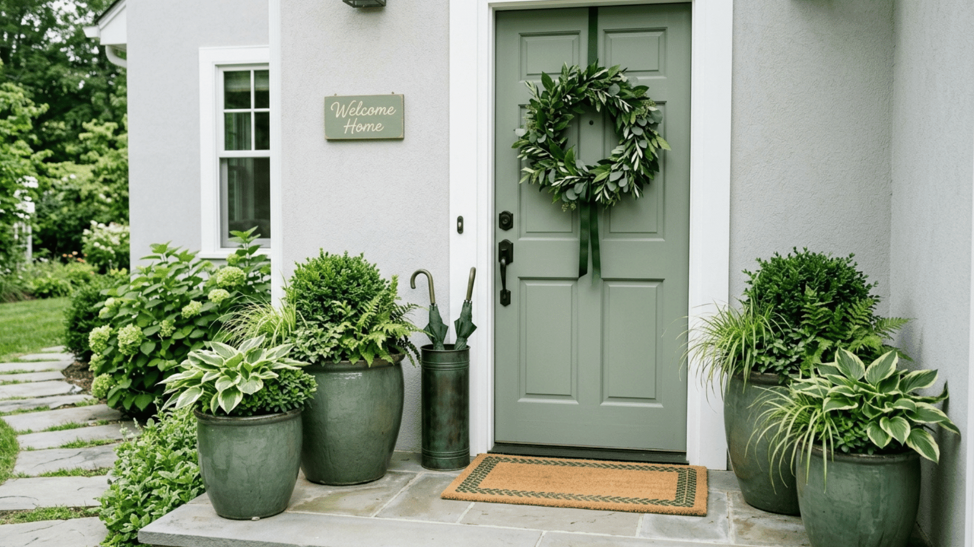 green front door with large planters and natural greenery decor.