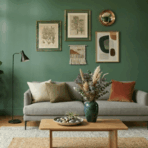 green living room with satin paint walls, modern sofa, indoor plants, coffee table, wall art, and large window with natural light (1)