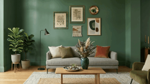 green living room with satin paint walls, modern sofa, indoor plants, coffee table, wall art, and large window with natural light (1)