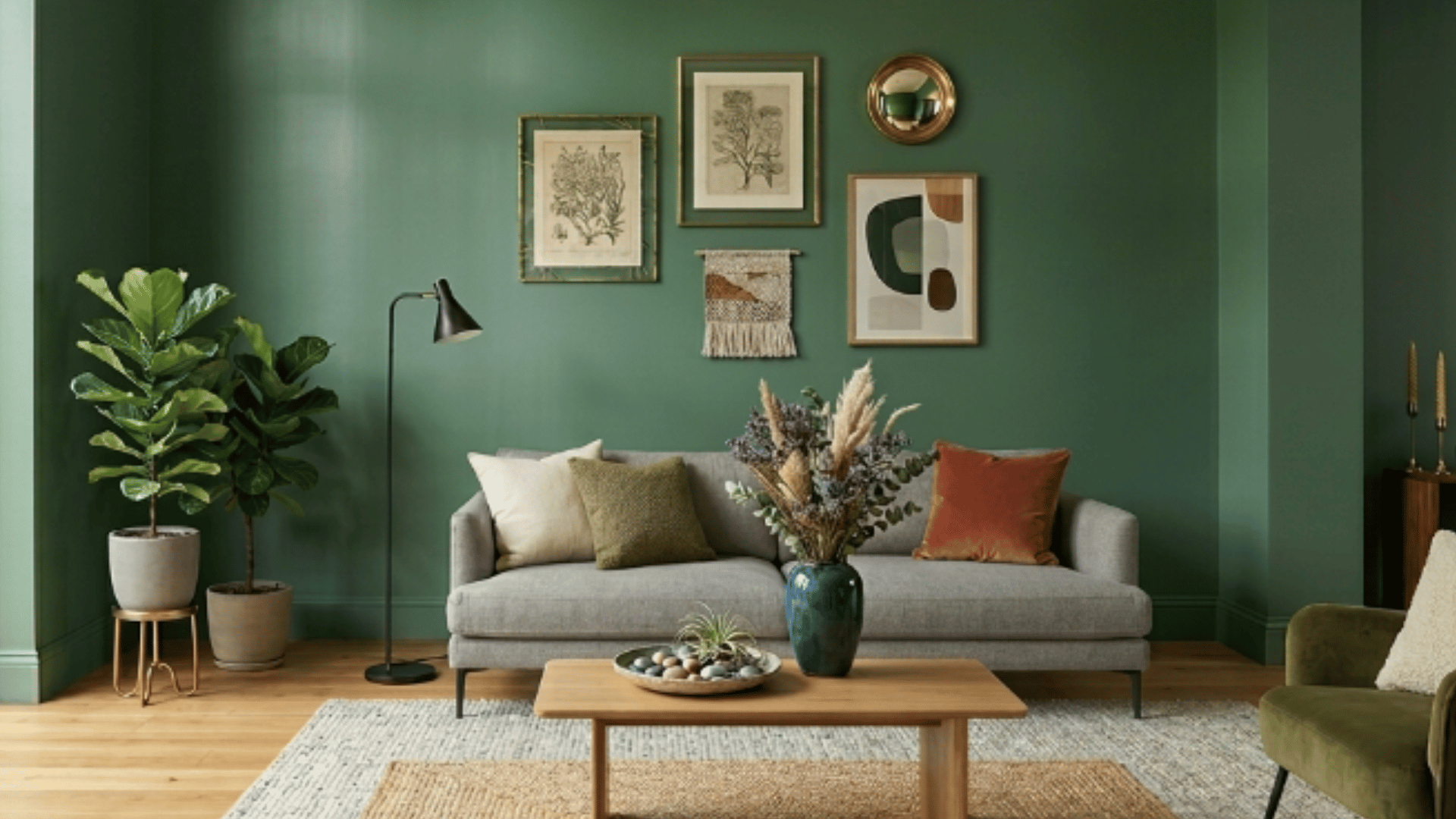 green living room with satin paint walls, modern sofa, indoor plants, coffee table, wall art, and large window with natural light (1)
