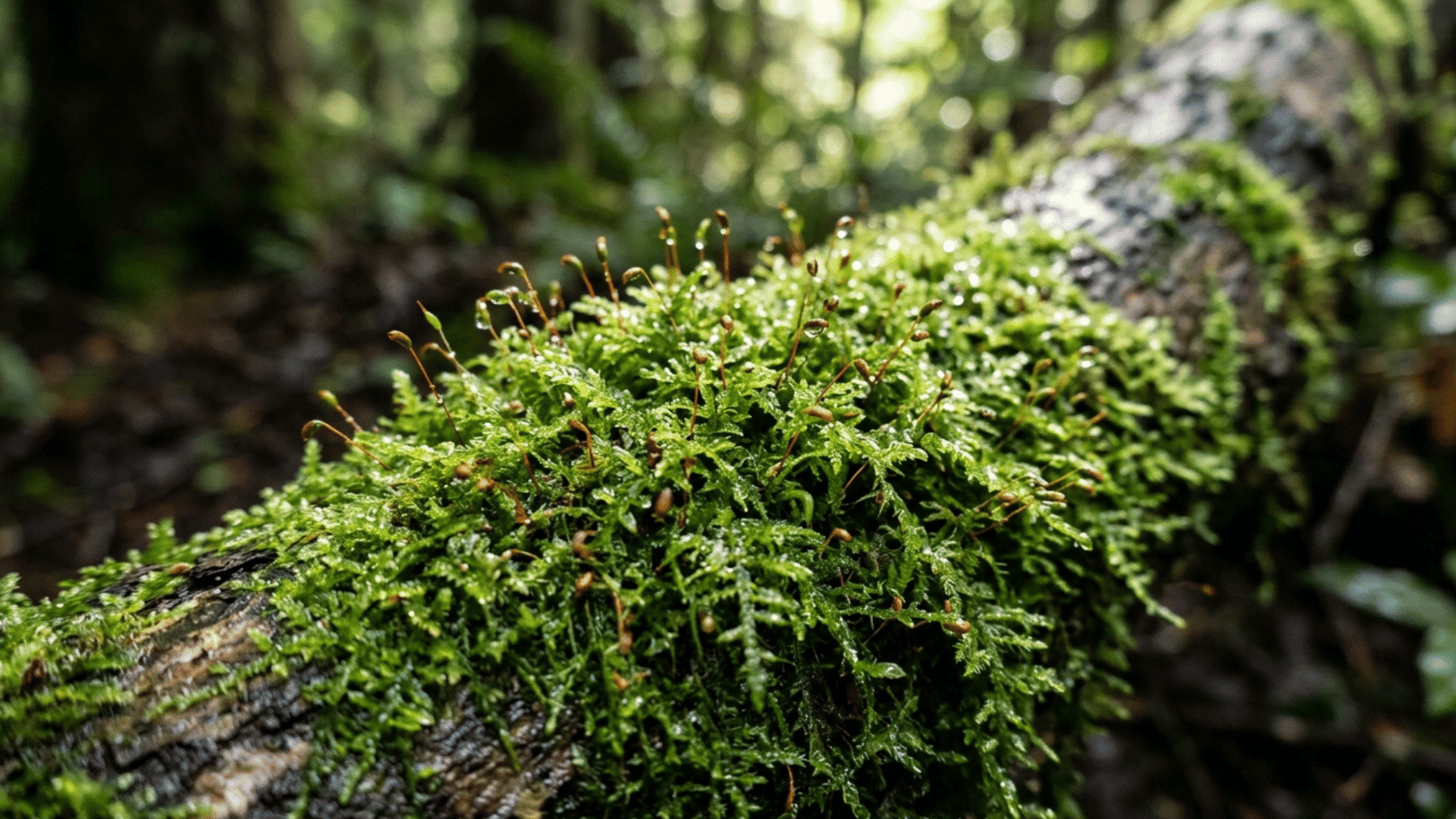 green moss growing on fallen log in tropical rainforest.