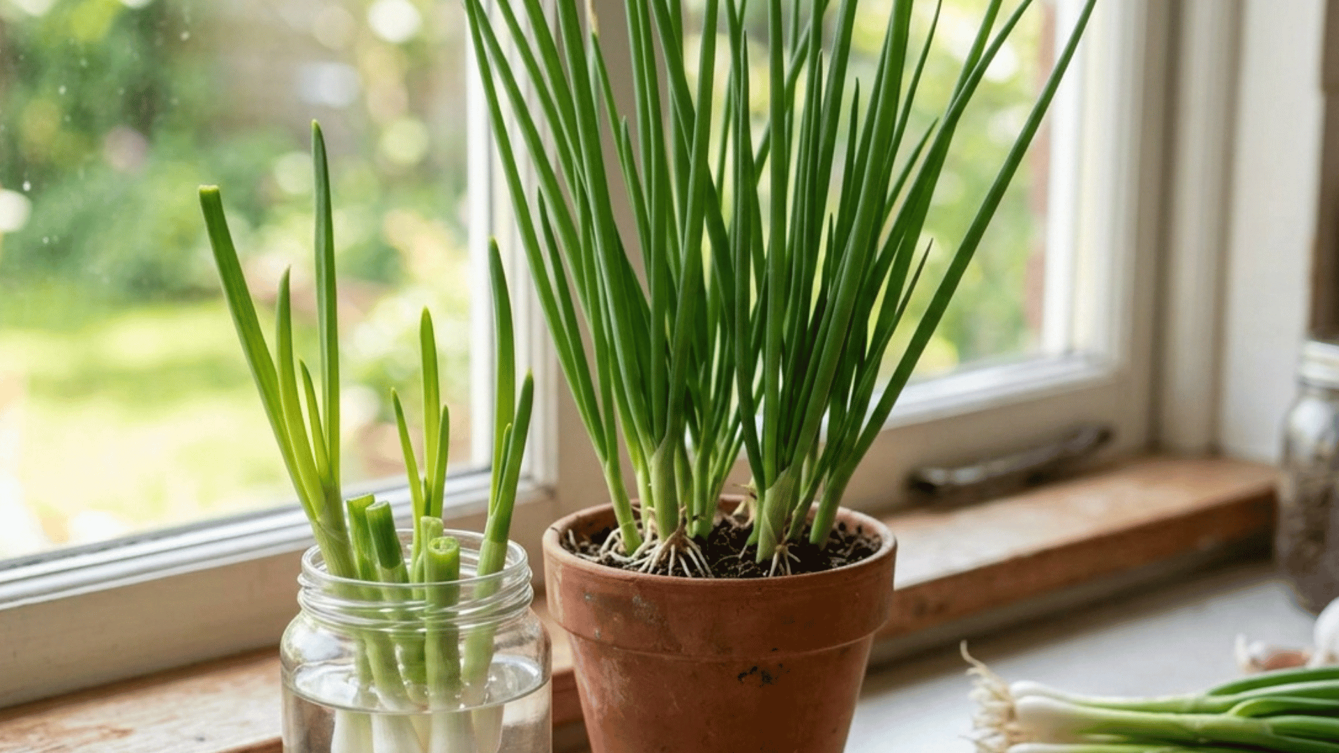 green onions regrowing in water and soil near a kitchen window with natural light.