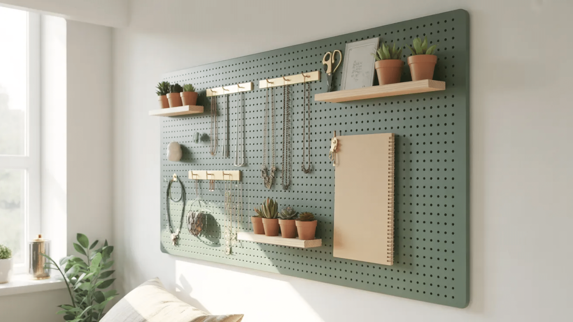 _green pegboard wall with shelves holding small potted plants, along with hanging jewelry, a notebook, and decorative items, in a bright, minimalist room.
