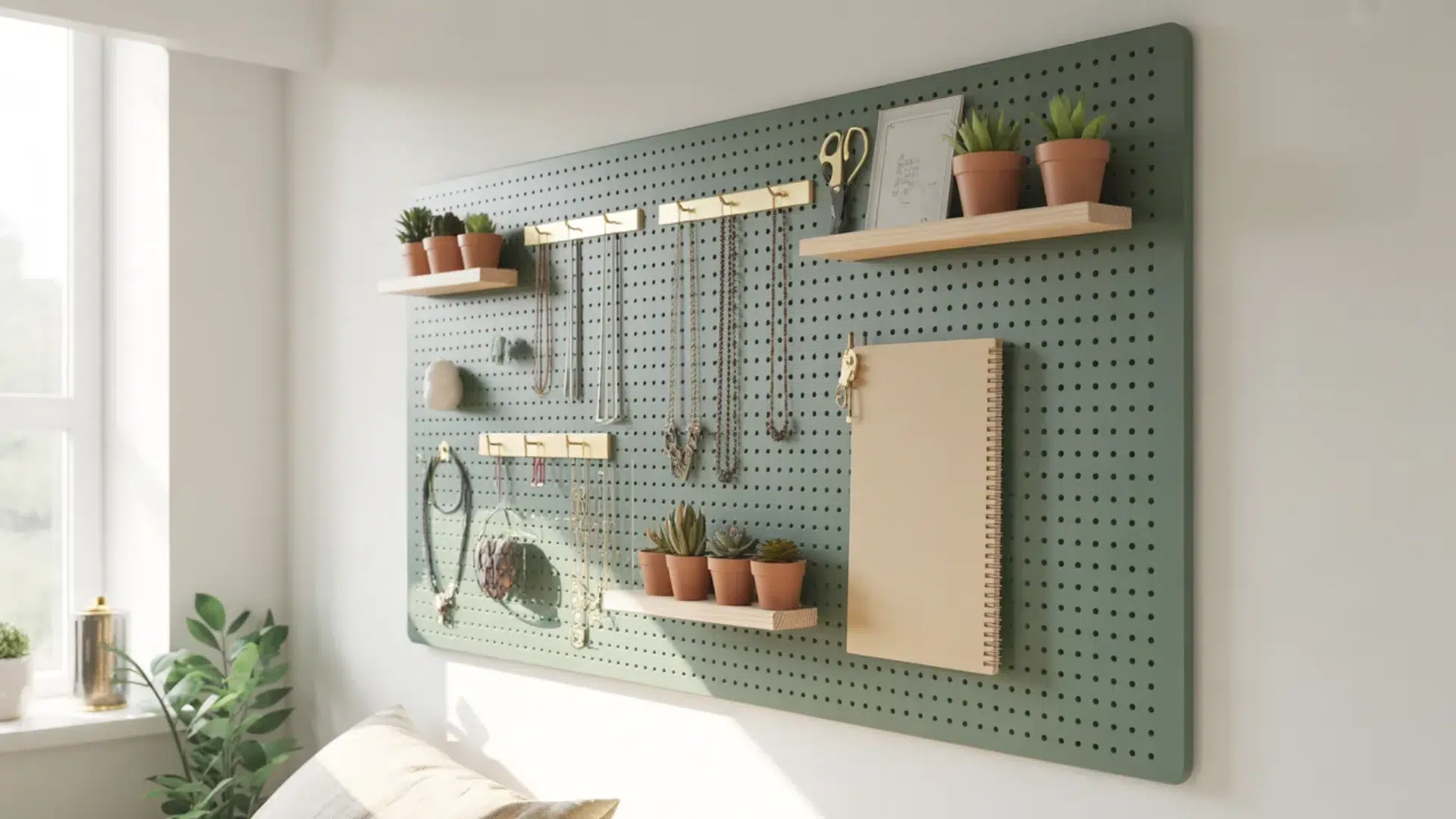 _green pegboard wall with shelves holding small potted plants, along with hanging jewelry, a notebook, and decorative items, in a bright, minimalist room.