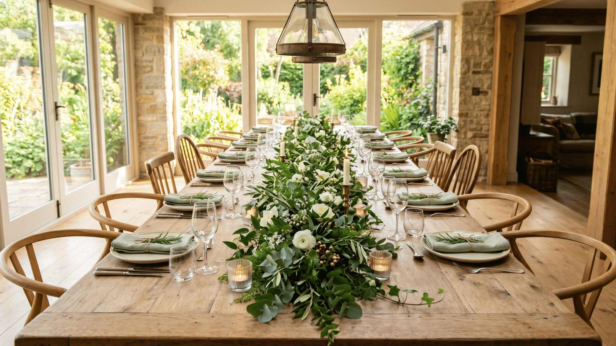 greenery runner centerpiece styled across a dining table for a natural look