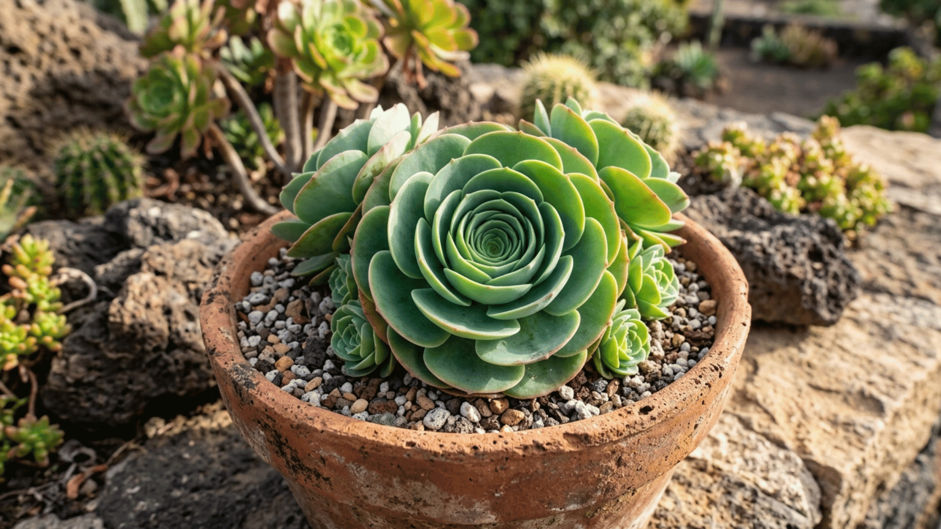 greenovia succulent with rose-like green rosette leaves in a clay pot outdoors.