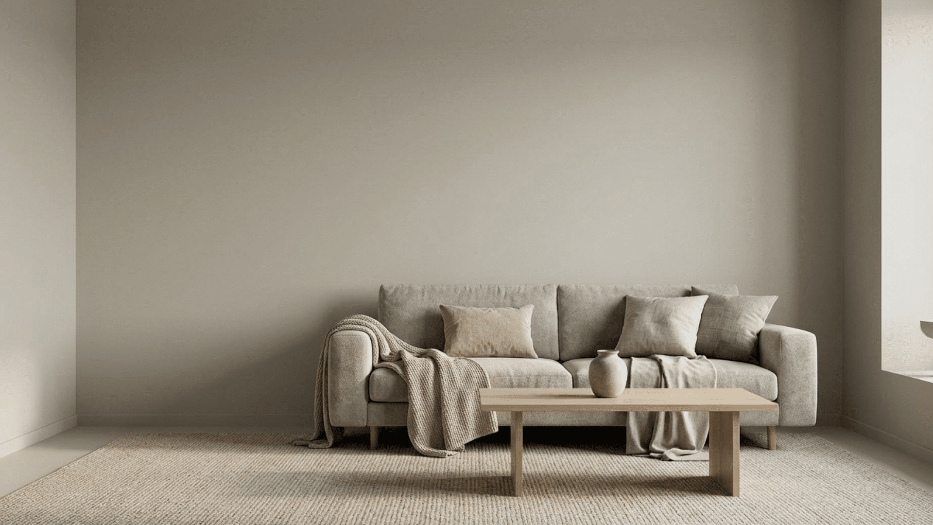 greige living room with beige sofa, textured rug, and minimal decor.