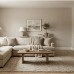 greige living room with beige sofa, wood table, neutral decor, and soft natural light.