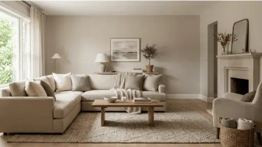 greige living room with beige sofa, wood table, neutral decor, and soft natural light.