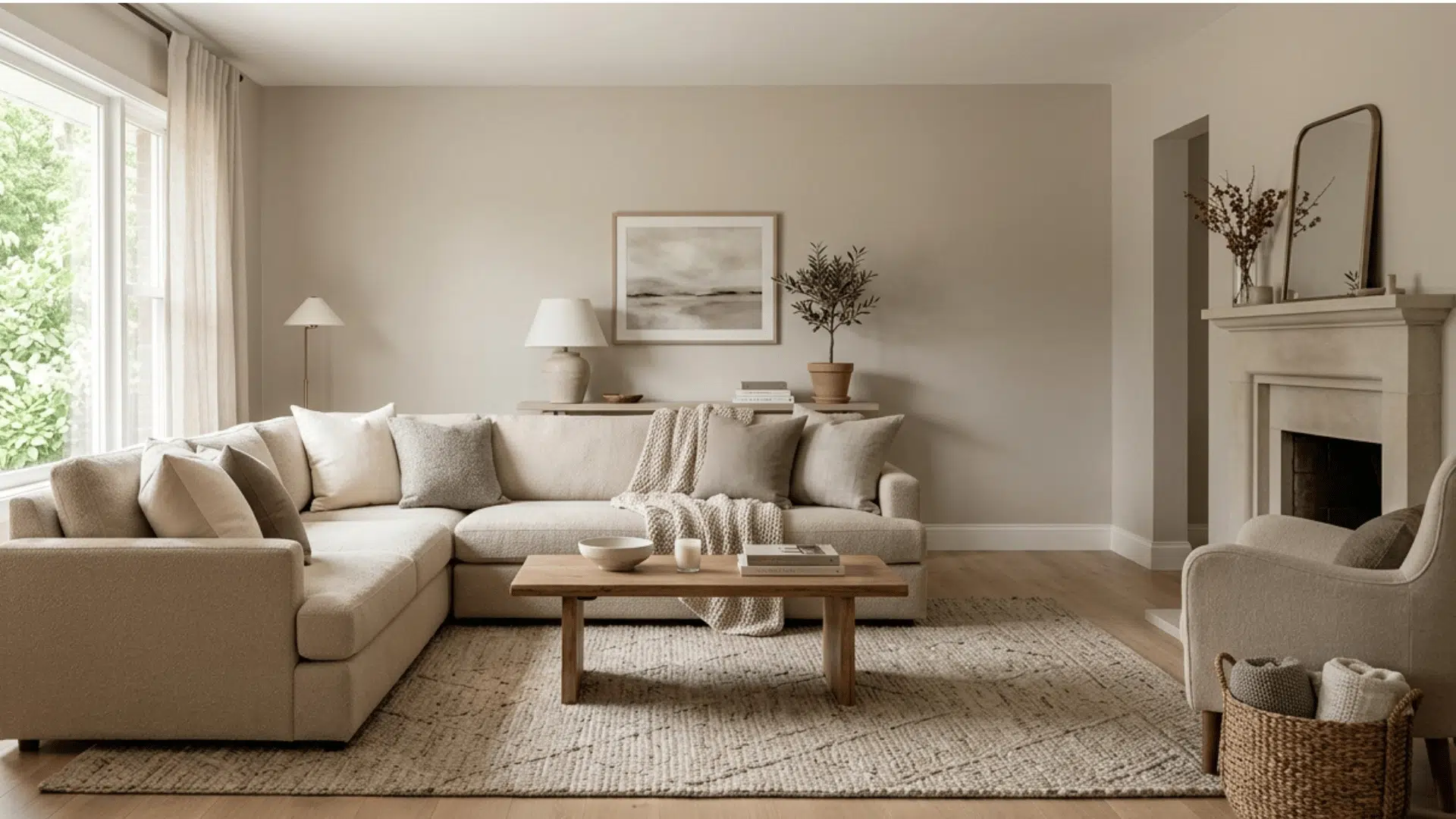 greige living room with beige sofa, wood table, neutral decor, and soft natural light.
