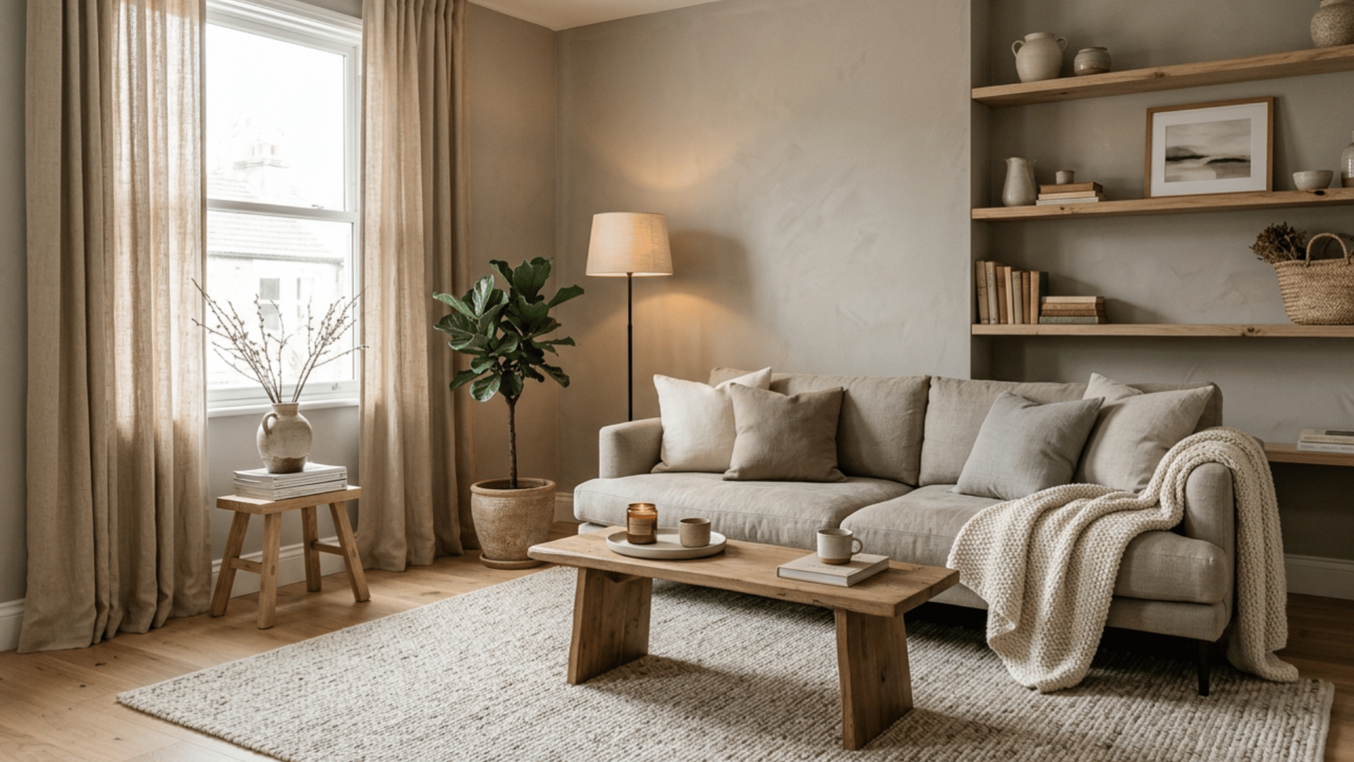 greige living room with layered neutrals linen curtains and wood shelves