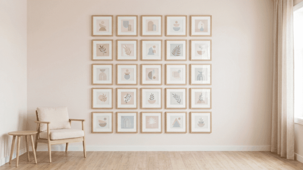 grid layout of identical picture frames arranged evenly on a wall with equal spacing in a minimal room
