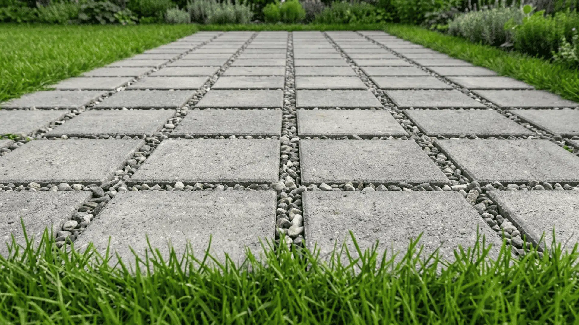 grid layout with pavers and gravel showing square pavers in even pattern with gravel filling gaps between each paver