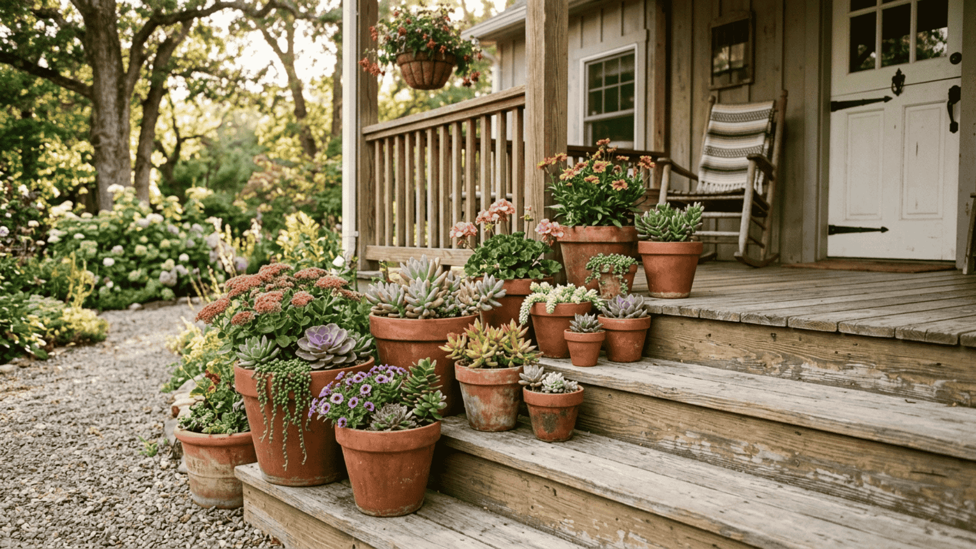 grouped terracotta pots in varying sizes with succulents near farmhouse porch steps in warm afternoon light