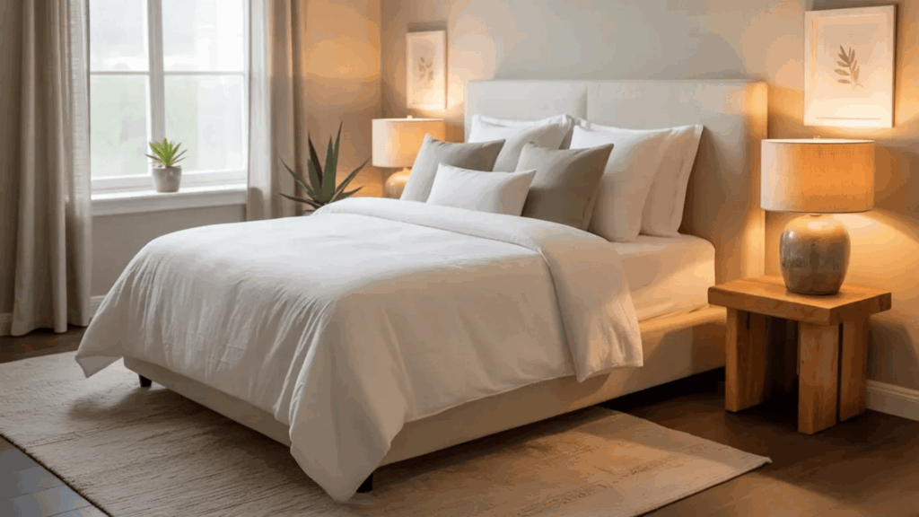 guest bedroom with neutral bedding soft lighting bedside tables and indoor plants near a bright window