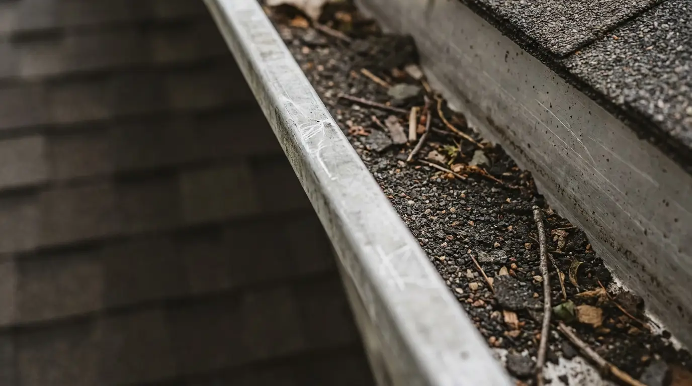 Clogged rain gutter with debris and twigs on residential roof